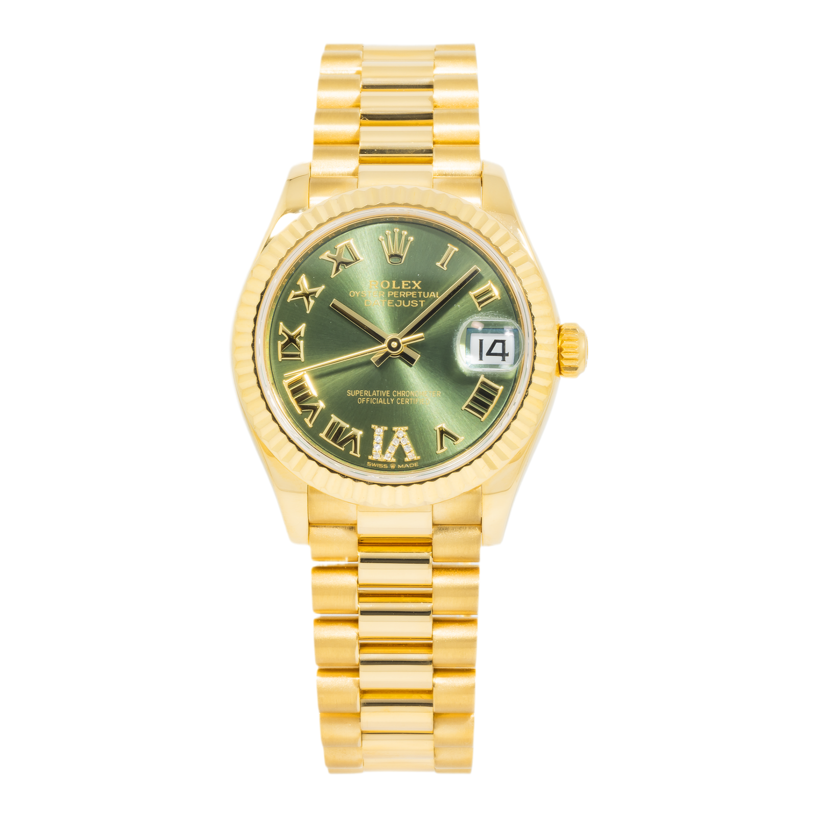 IMG_0342.png Rolex Ladies 31mm 18K Yellow Gold Datejust 278278 with Green Roman Diamond Dial and President Bracelet - 图片 1