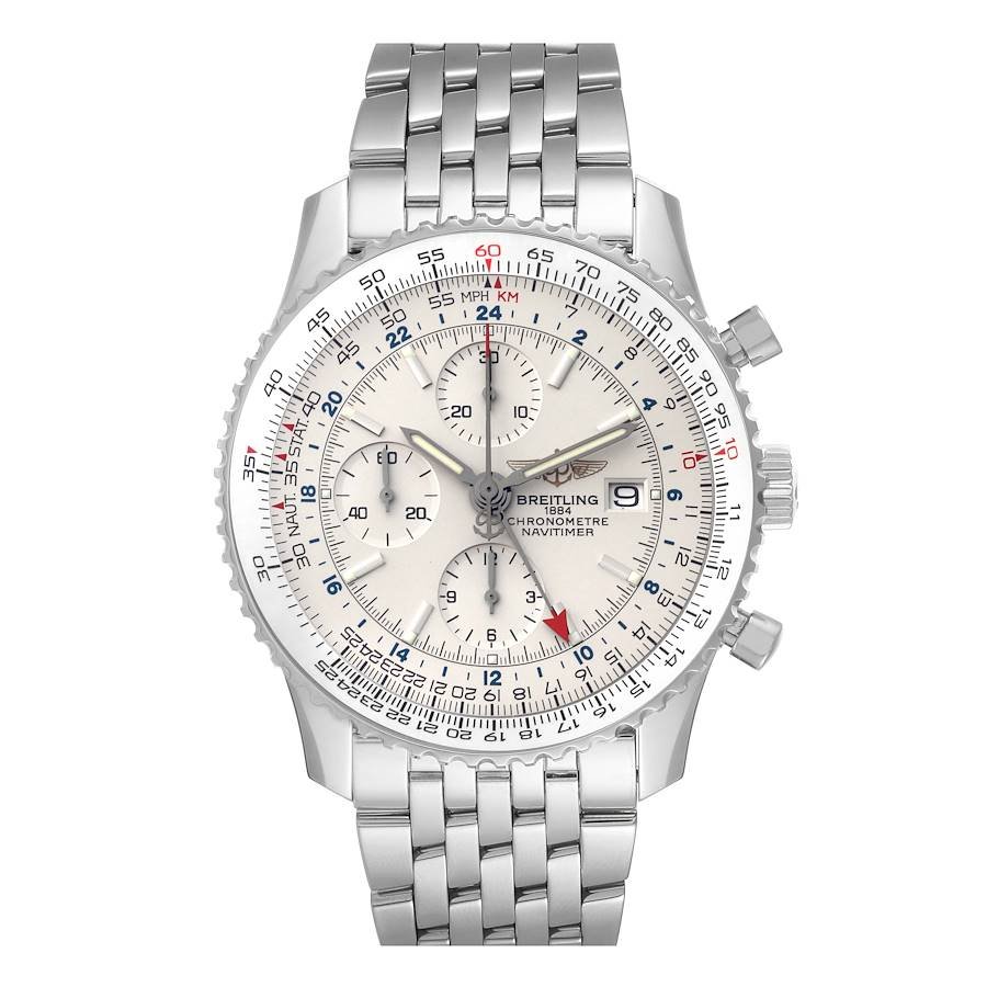 Pre-Owned-Breitling-Navitimer-World-GMT-A24322-Silver-Dial-Steel-Mens-Watch-JD-Watches-NY.jpg Breitling Navitimer World GMT A24322 Silver Dial Steel Mens Watch - 图片 1