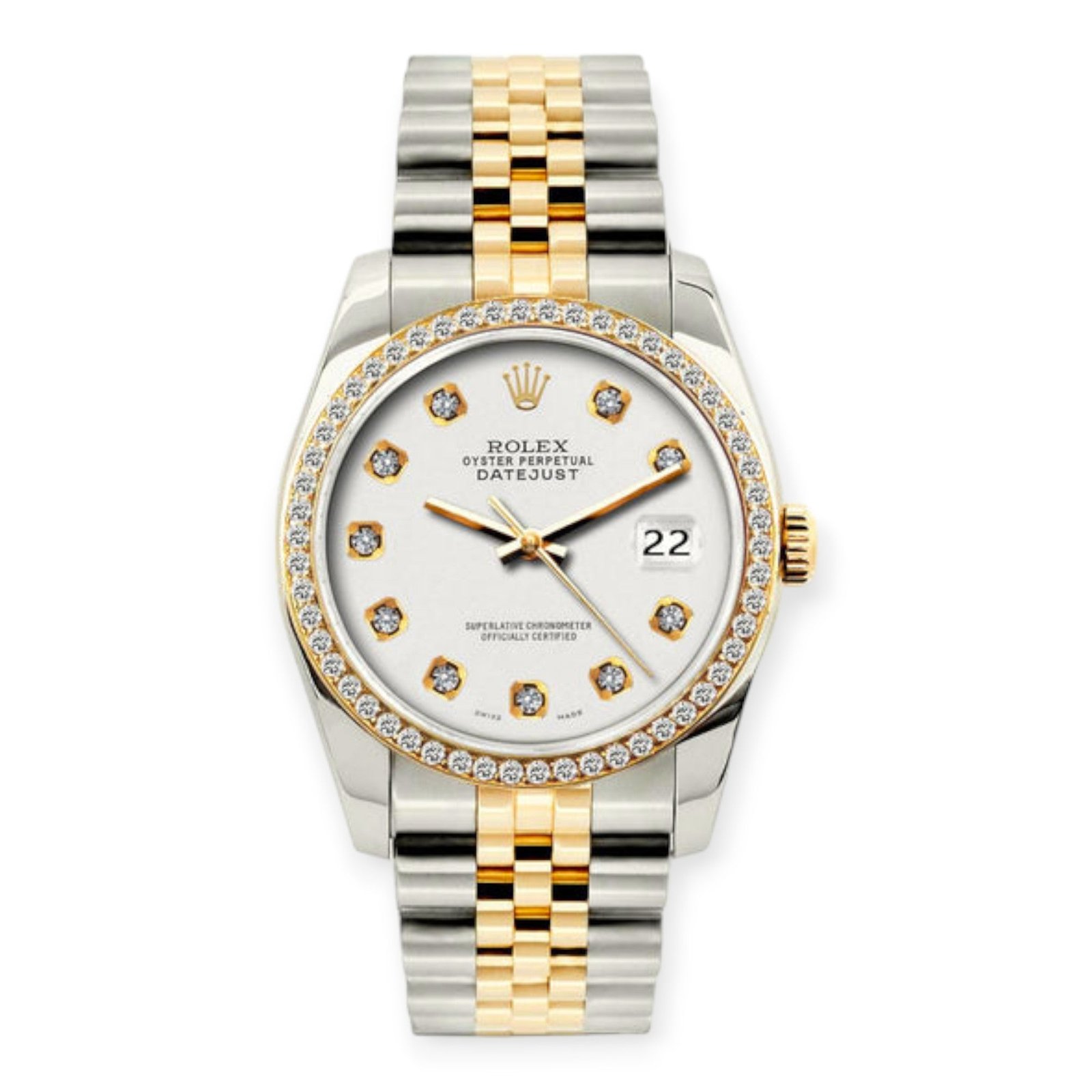 Pre-Owned-Rolex-Datejust-Diamond-Watch-36mm-Yellow-Gold-and-Stainless-Steel-Bracelet-White-Dial-w-Diamond-Bezel-JD-Watches-NY.jpg Rolex Datejust Diamond Watch, 36mm, Yellow Gold and Stainless Steel Bracelet White Dial w/ Diamond Bezel - 图片 1