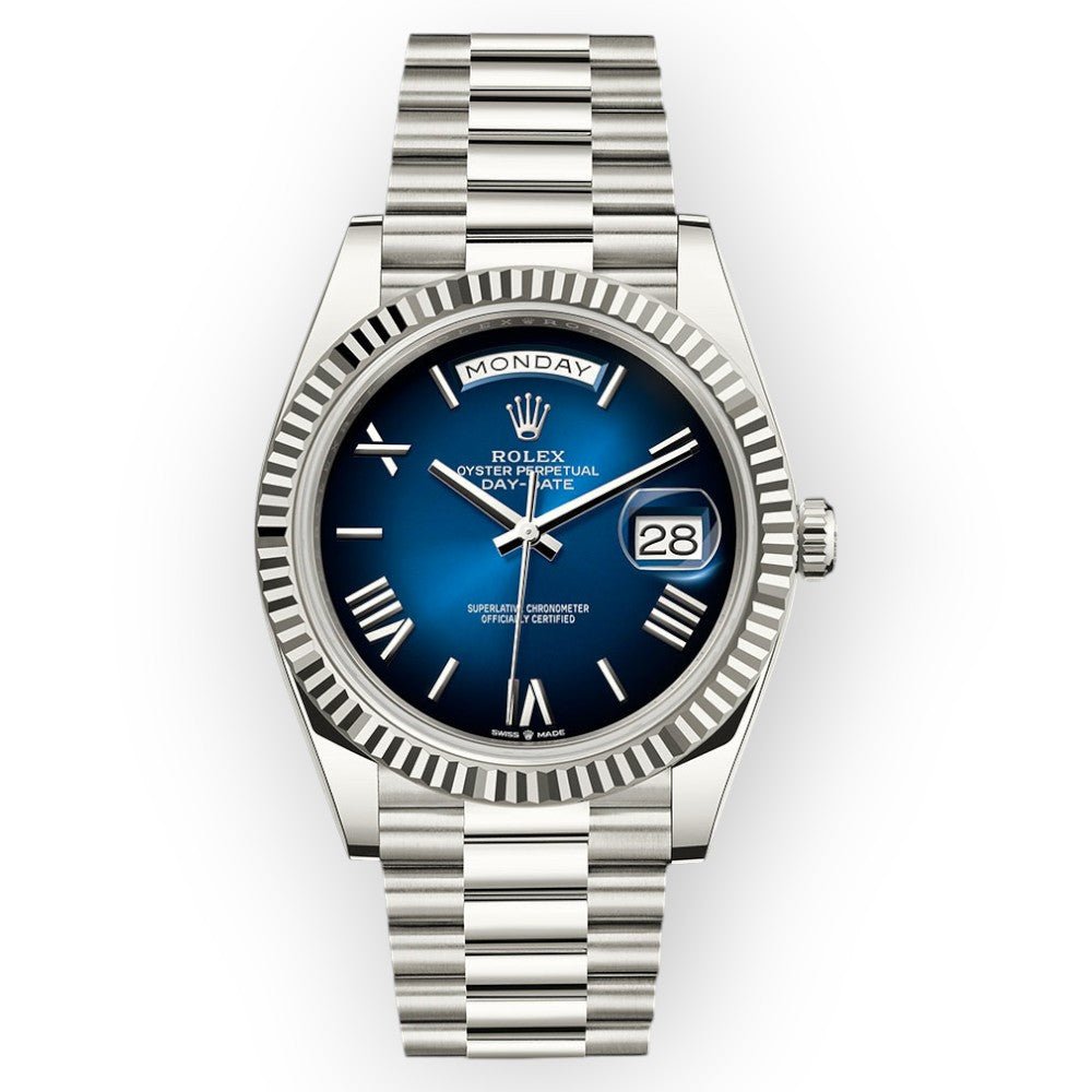 Pre-Owned-Rolex-White-Gold-Day-Date-40-Watch-Blue-Ombre-Roman-Dial-President-Bracelet-JD-Watches-NY.jpg Rolex White Gold Day-Date 40 Watch Blue Ombré Roman Dial - President Bracelet - 图片 1
